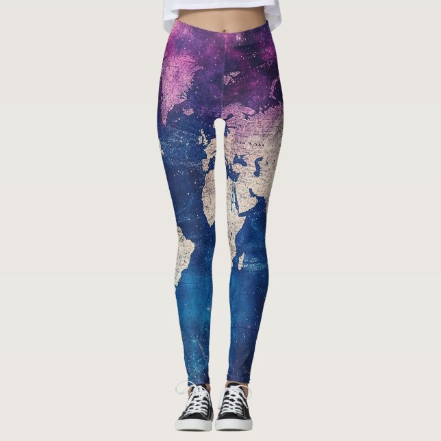 Renässans Lila Celestial Världskarta Leggings (Framsida)