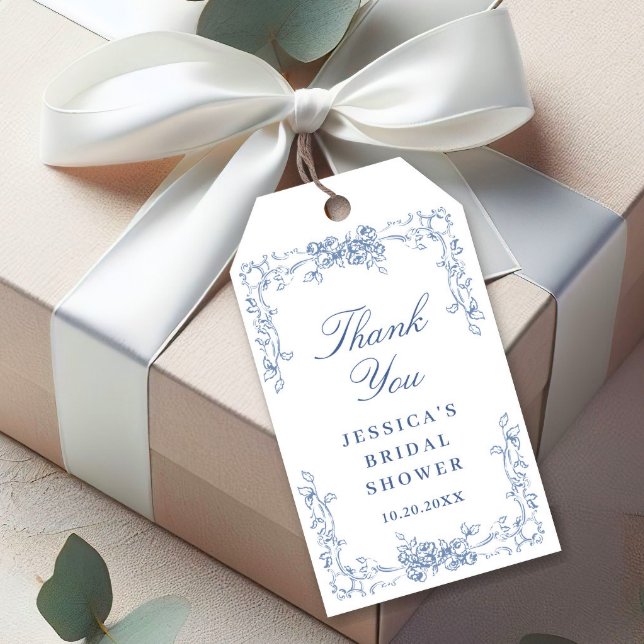 Renässans Ornamenterad Dammt blå Blommig Bröllopsd Presentetikett (Skapare uppladdad)