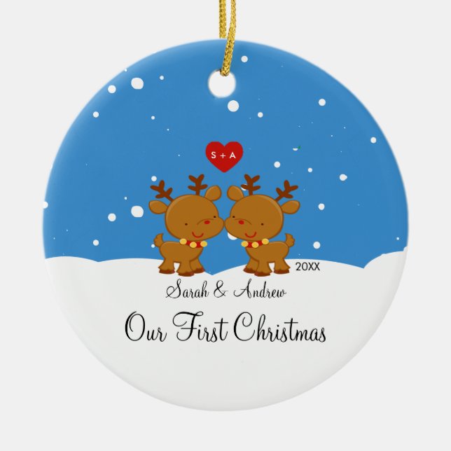 Renen kopplar ihop vår första julprydnad julgransprydnad keramik (Framsidan)