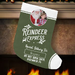 Rener Express från Santa Namn och Photo Grönt Stor Julstrumpa<br><div class="desc">Lägg till en speciell magisk beröring till din lilla gåva från Jultomten med en anpassningsbar grönt och vita helgdag från renar Express! Den här juldesignen i personlig ger också möjlighet att lägga till namn i ditt barn och ett foto.</div>