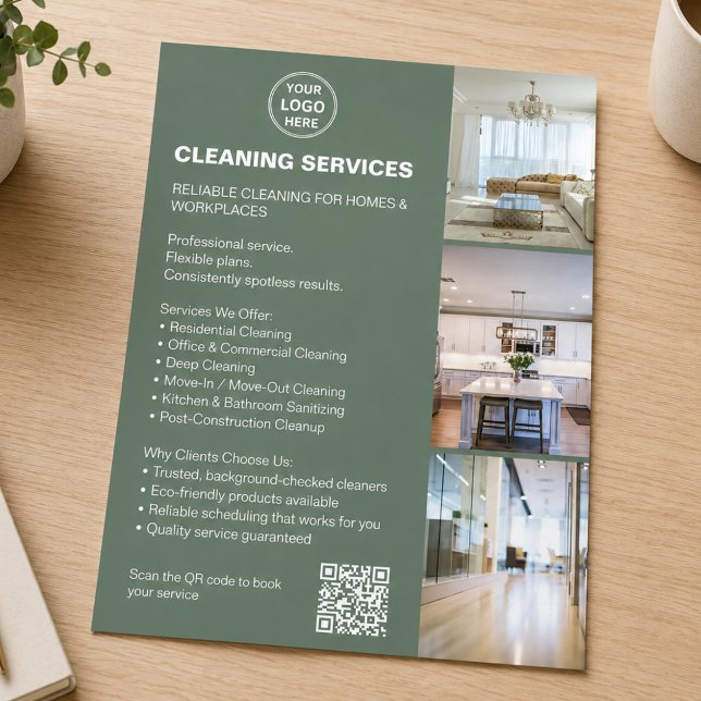 Rengöringstjänster Foto Logotyp QR Sagegrön Flygblad (Cleaning Services Photo Logo QR Sage Green Flyer)