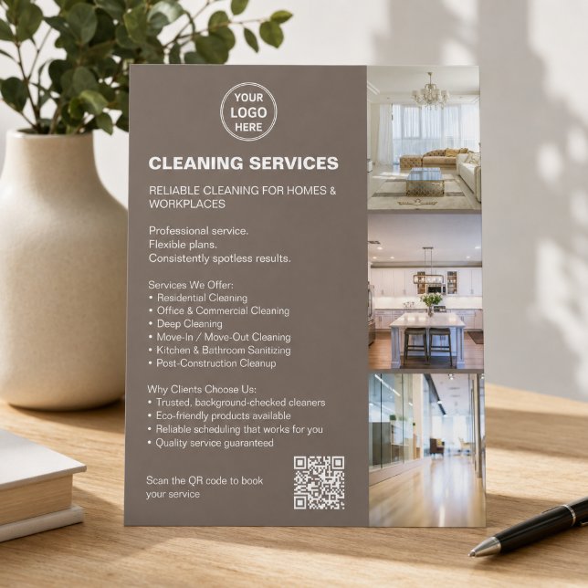 Rengöringstjänster Modern Taupe Foto Logotyp QR Flygblad (Cleaning Services Modern Taupe Photo Logo QR Flyer)