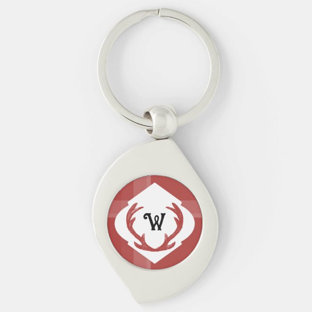 Renhjorthorn Rustik Minimal Monogram Burgunder Swirl Silverfärgad Nyckelring (Framsidan)
