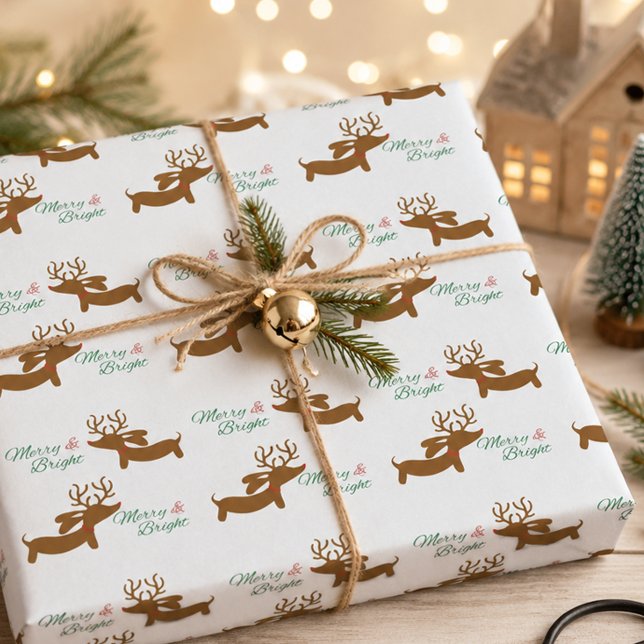 Renhund Liten korthalsad delfin Glad & Ljus Presentpapper (Dachshund Merry & Bright Wrapping Paper Reindeer )