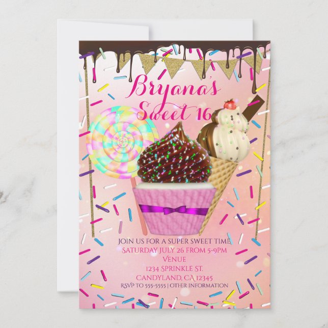 Rening Sprinkles Candy Land Sweet 16 inbjudningar (Framsida)