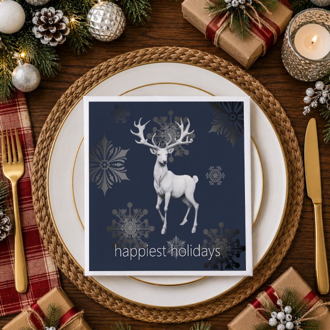 Renkalv julfest | Blå Pappersservett (Ivory Reindeer Christmas Party Blue Napkins)