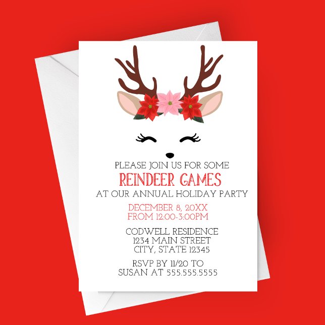 Renlek julfestlig inbjudan (Reindeer Games Minimalist Holiday Party Invitation | Deer with Flower Crown | Christmas Party)