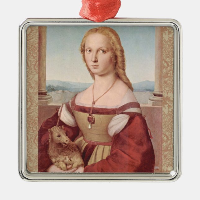 Rennaisance Unicorn och Dam Raphael Painting Julgransprydnad Metall (Framsidan)