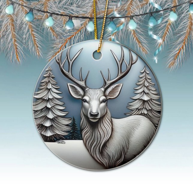Rennärens horn, Träd, Vinterscen, Hjort Julgransprydnad Keramik (Elegant Silver Reindeer Decor, Deer Antlers Decoration,  Winter Trees Scene Ornament Front/Back 🦌🎄)