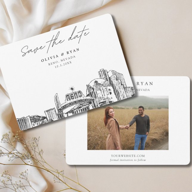 Reno Bröllop, huvudstad Skyline Spara datumet Inbjudningar (Reno wedding save the date with engagement photo and downtown skyline sketch)