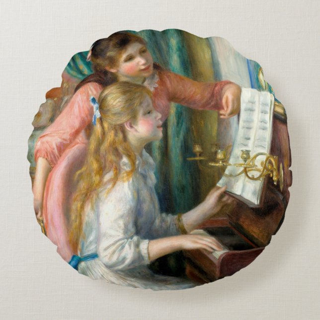 Renoir Girls vid Piano Impressionism Painting Rund Kudde (Framsidan)