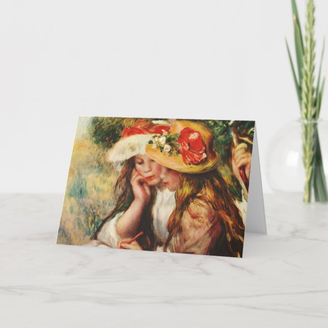 Renoir två flickor som är läs- i det trädgårds- kort (Framsida)