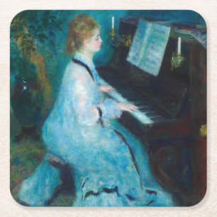 Renoir Woman vid Piano Vintage Impressionist Underlägg Papper Kvadrat