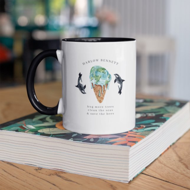 Rensa våra hav | Vattenfärg Orca Whale Monogram Mugg (Skapare uppladdad)