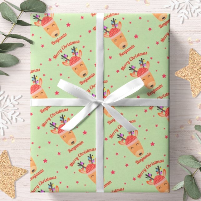 Rensdyr jul röd grön Namn Personlig Presentpapper (Skapare uppladdad)