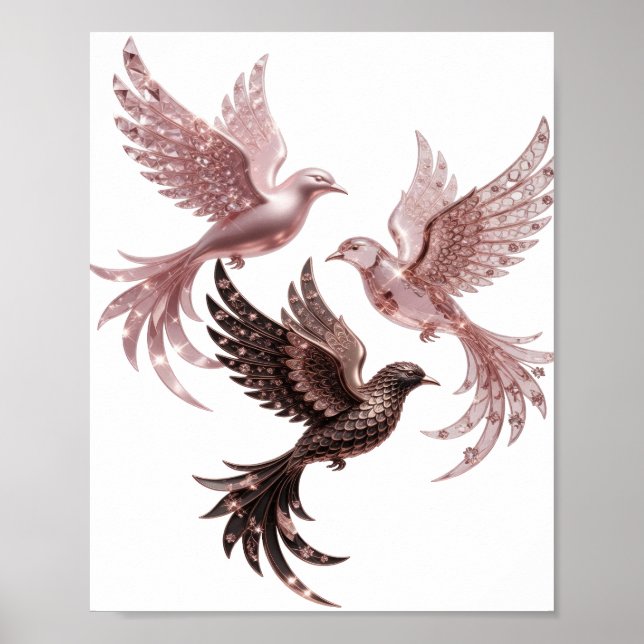 Rent silver TRE ROSEGULD FÅGLAR Poster (Framsidan)