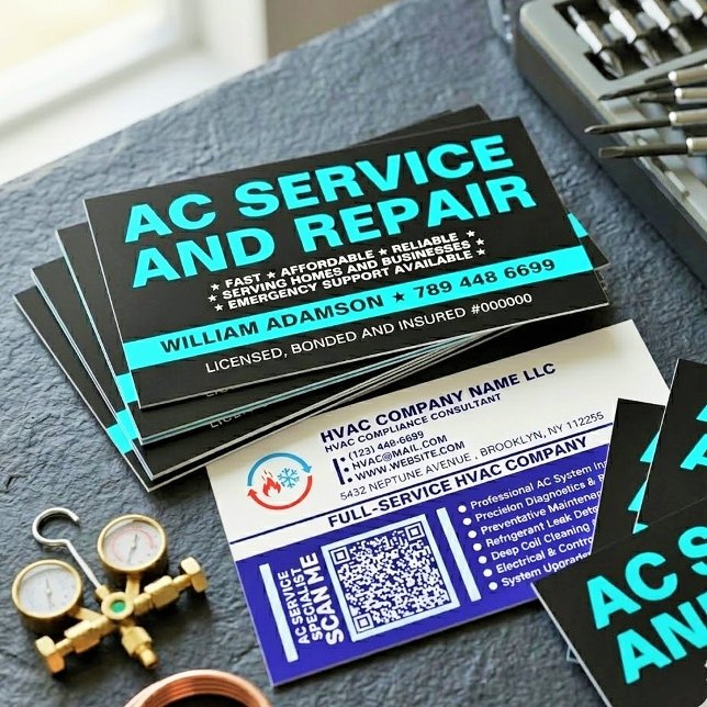 Reparation, service och installation av luftkondit visitkort (custom QR code cards, AC technician cards, HVAC branding, professional contractor cards, HVAC logo)