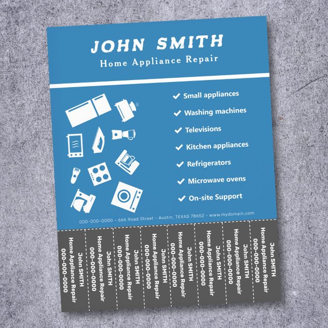 Reparationstrutor för hemutrustning reklamblad (Home Appliance Repair Tear Off Strips Flyer)