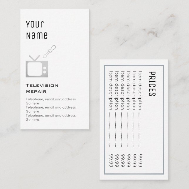 "Reparerar den nödvändiga" televisionen prisa kort (Fram/baksida)