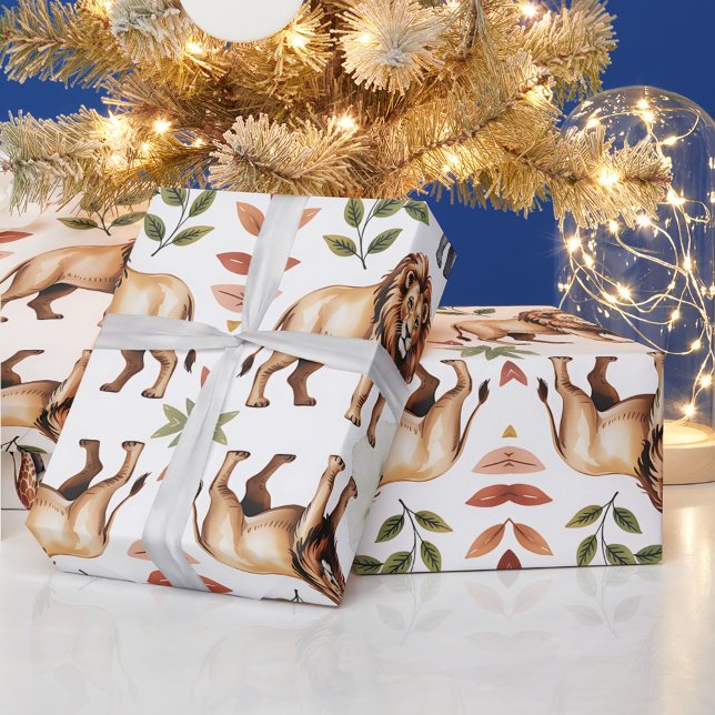 Repeating pattern of lions, giraffes, and elephant presentpapper (Skapare uppladdad)