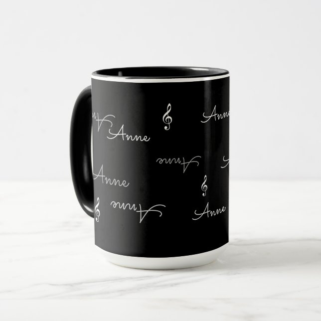 Repeterad Namn & Music Treble Clefs Black Mugg (Framsida vänster)