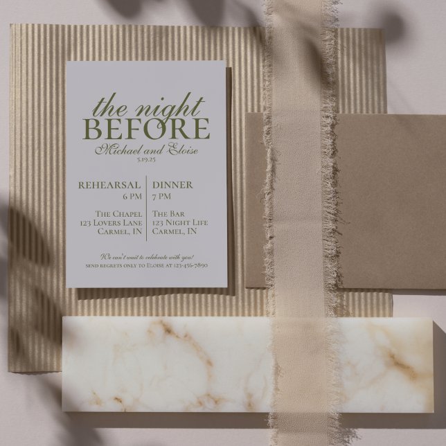 Repetition Kvällen före bröllop Olivgrön  Inbjudningar (Modern Elegant Mousse Brown Wedding Suite Theme with options to personalize for your special day.)
