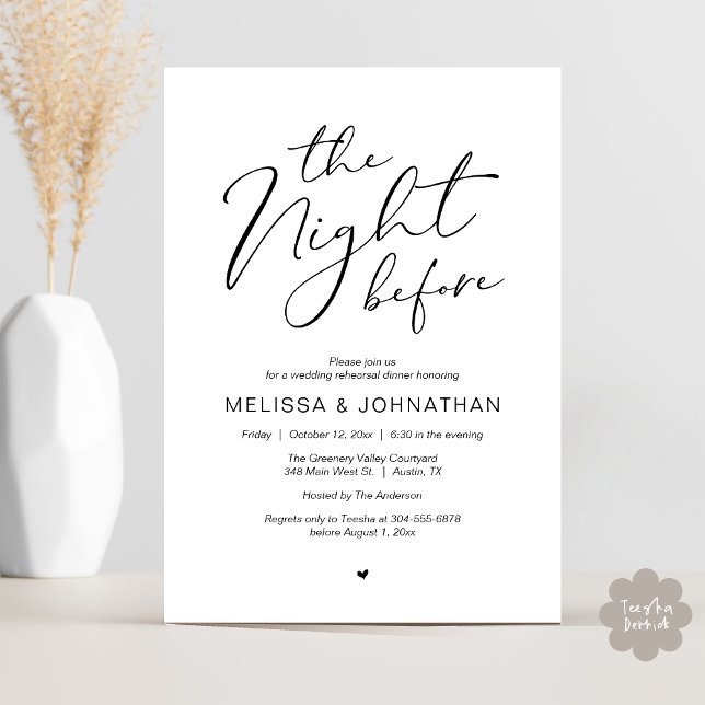 Repetitionsfest för Romantiskt Bröllop Kvällen Inn Inbjudningar (The Night Before Romantic Modern Wedding Rehearsal Dinner Aesthetic Invites Card PDF Black White)