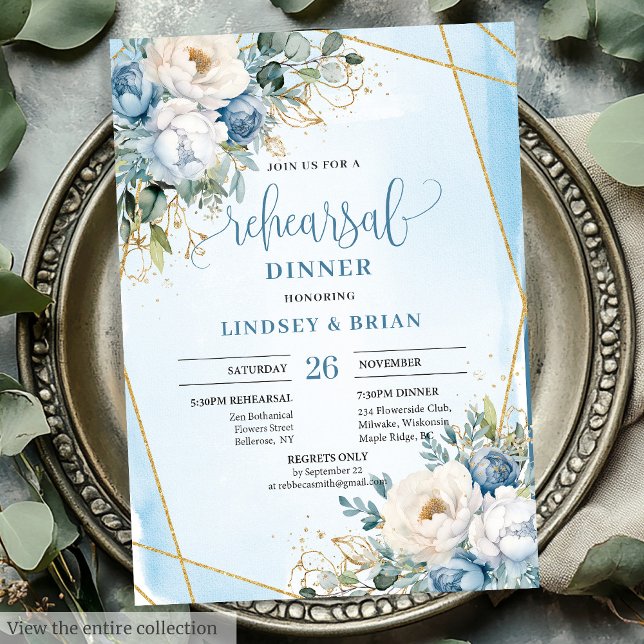 Repetitionsinbjudan till Guld i Luxury Dusty Blue  Inbjudningar (Luxury Dusty Blue Floral Gold Rehearsal Invitation)