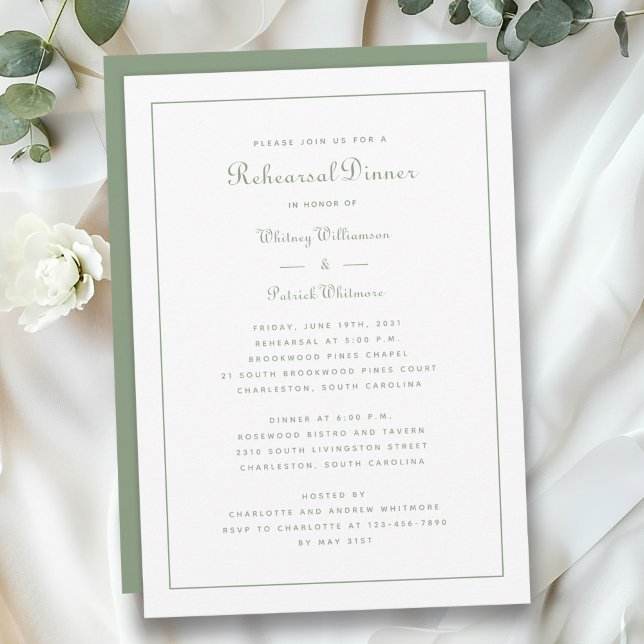 Repetitionsmiddag Bröllop Salvia Grön Elegant Skri Inbjudningar (Rehearsal Dinner Wedding Sage Green Elegant Script Invitation)