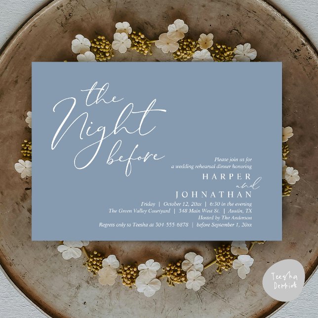 Repetitionsmiddag Dagen Innan Romantisk Bröllop Inbjudningar (The Night Before Romantic Wedding Rehearsal Dinner Modern Invitation Card PDF Dusty Blue)
