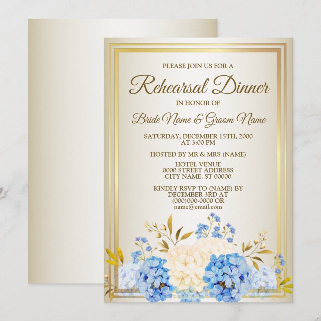 Repetitionsmiddag Guld Blå Gul Blommig Inbjudningar (Fram/baksida)