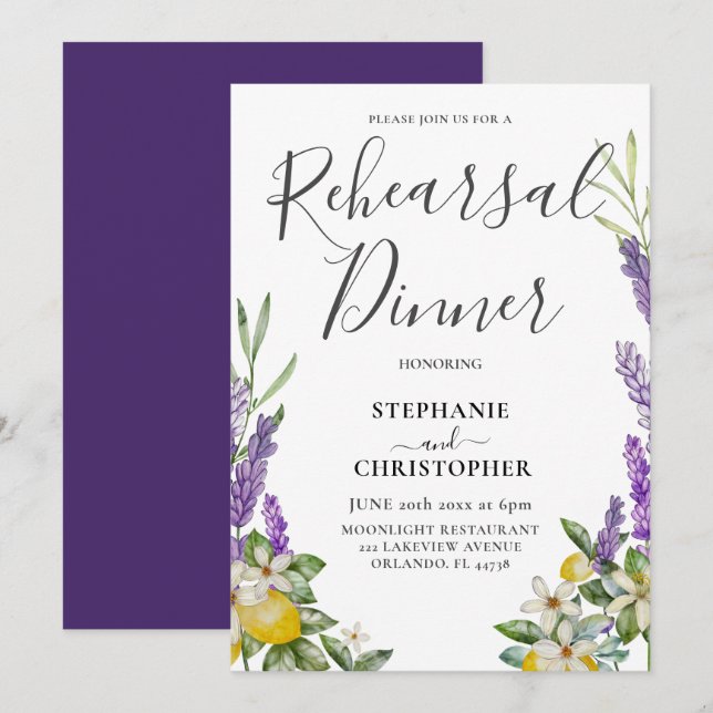 Repetitionsmiddag Lemon & Lavender blad Bröllop  Inbjudningar (Fram/baksida)
