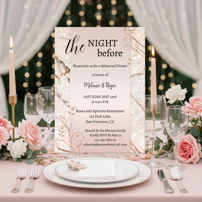 Repetitionsmiddag med roséguld och marmorblommor inbjudningar (Rehearsal dinner invitation featuring festive rose gold floral swirls on blush pink and marble)