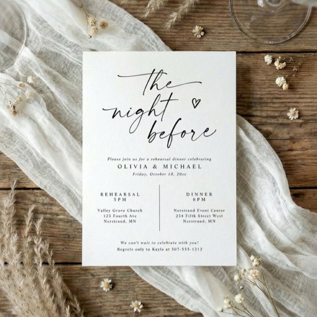 Repetitionsmiddag Modern svart & vit handskrift Inbjudningar (Modern black and white rehearsal dinner invitation with handwritten script heart)