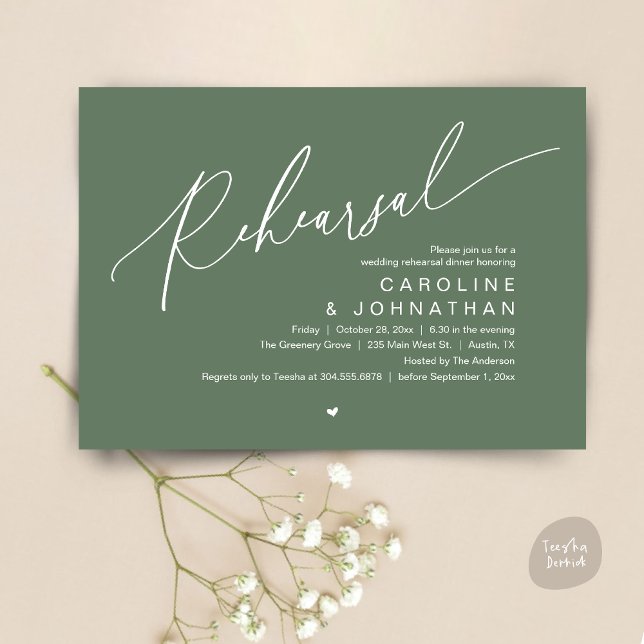 Repetitionsmiddag,Natten före Bröllopsfest Inbjudningar (Romantic Rehearsal Dinner The Night Before Wedding Dinner Party Invitation Card PDF Sage Green)