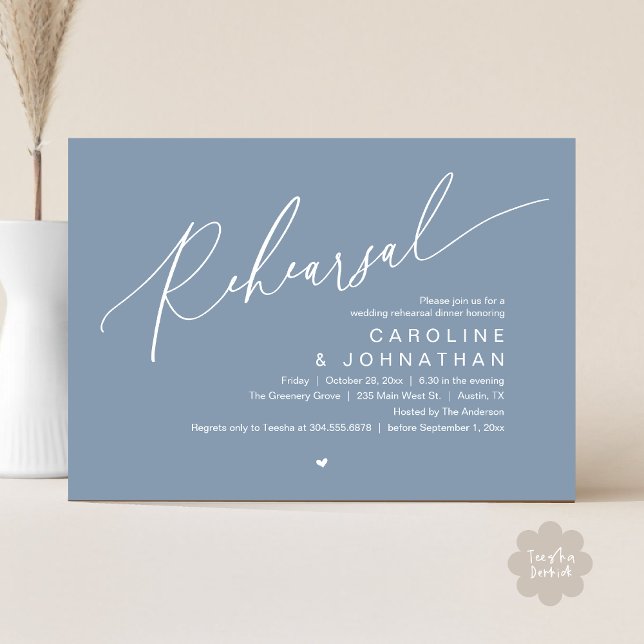Repetitionsmiddag,Natten före Bröllopsfest Inbjudningar (Romantic Rehearsal Dinner The Night Before Wedding Dinner Party Invitation Card PDF Dusty Blue)