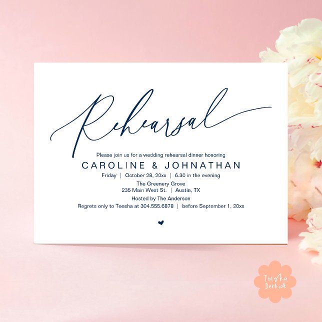 Repetitionsmiddag natten före Bröllopsfest Inbjudningar (Romantic Rehearsal Dinner The Night Before Wedding Dinner Party Invitation Card PDF Navy Blue)