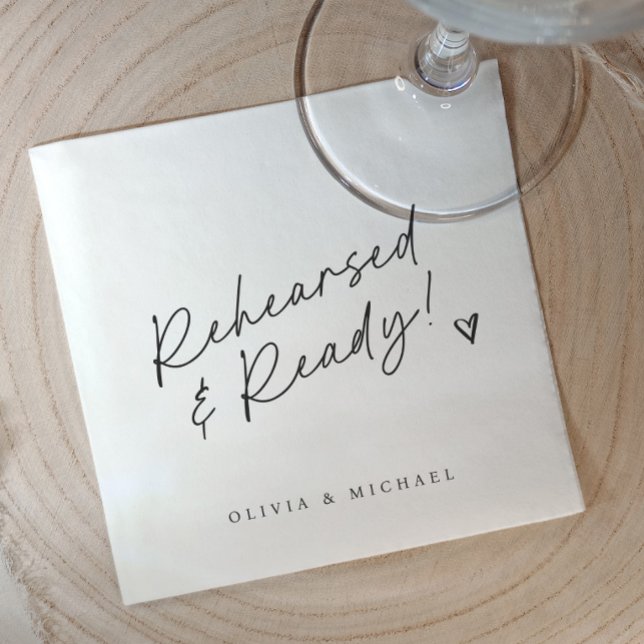 Repetitionsmiddag Repeterat & Redo Svart och Vitt Pappersservett (Black and white rehearsal dinner napkins. Modern trendy rehearsed and ready napkins. Love note)