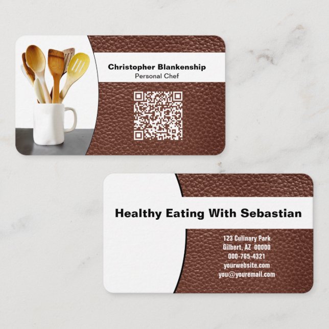 Replaceable Chef Spoons Photo on Leather QR Code Visitkort (Fram/baksida)