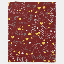 Replikerat namn initialer och guld hjärtan mörk rö fleecefilt