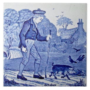 Repro 1879 Wedgwood Blue Calendar Series oktober Kakelplatta