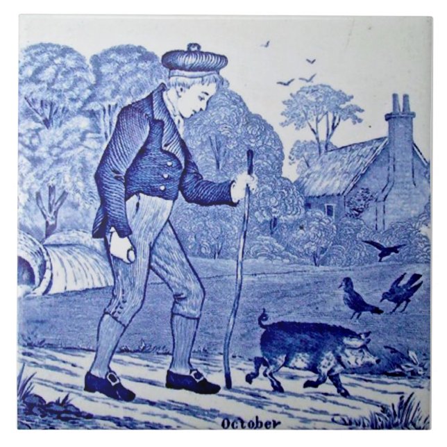 Repro 1879 Wedgwood Blue Calendar Series oktober Kakelplatta (Framsidan)