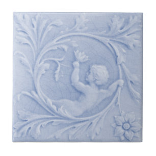 Repro 1880 Minton Faux Relief Cherub Light Blue Kakelplatta