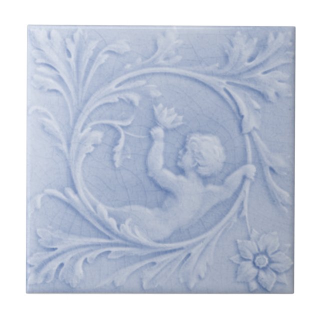 Repro 1880 Minton Faux Relief Cherub Light Blue Kakelplatta (Framsidan)