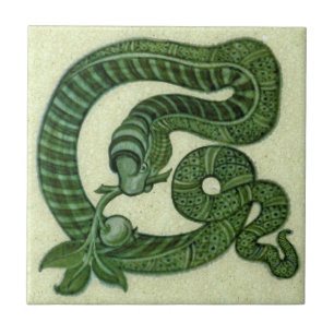 Repro 1880s De Morgan Grönt Snake with Apple Kakelplatta