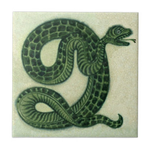 Repro 1880s De Morgan Handmålad Grönt Snake Kakelplatta