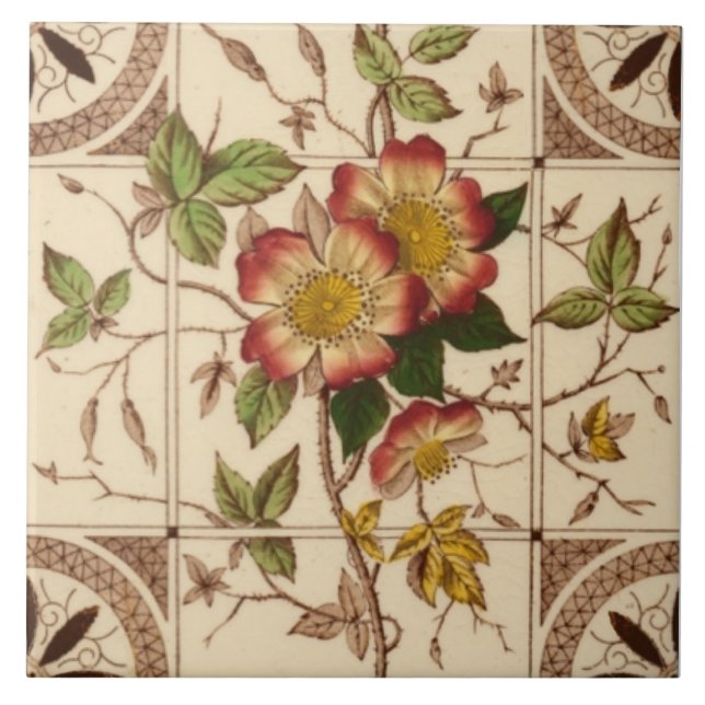 Repro 1885 Booth Aesthetic Vild Ro Transferware Kakelplatta (Framsidan)