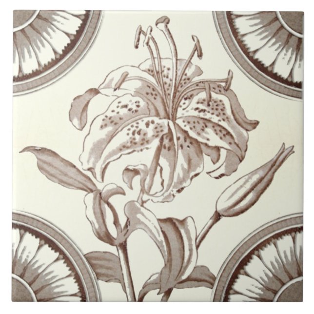 Repro 1885 Victorian Sepia Lily Transferware Kakelplatta (Framsidan)