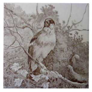 Repro 1886 Minton Sepia Transferware Bird Art TIle Kakelplatta