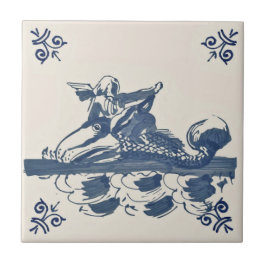 Repro Antique Blue Delft Tile Angel Fish Ocean Kakelplatta